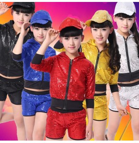 Gold yellow black silver white red girls boys kids children middle long sleeves sequins paillette glitter stage performance competition hip hop jazz dance costumes outfits
